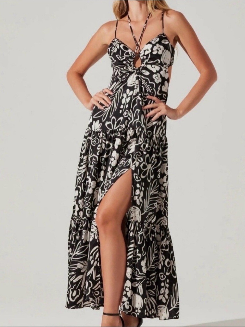 ASTR the Label Cassini Black & White Floral Maxi Dress with Front Slit